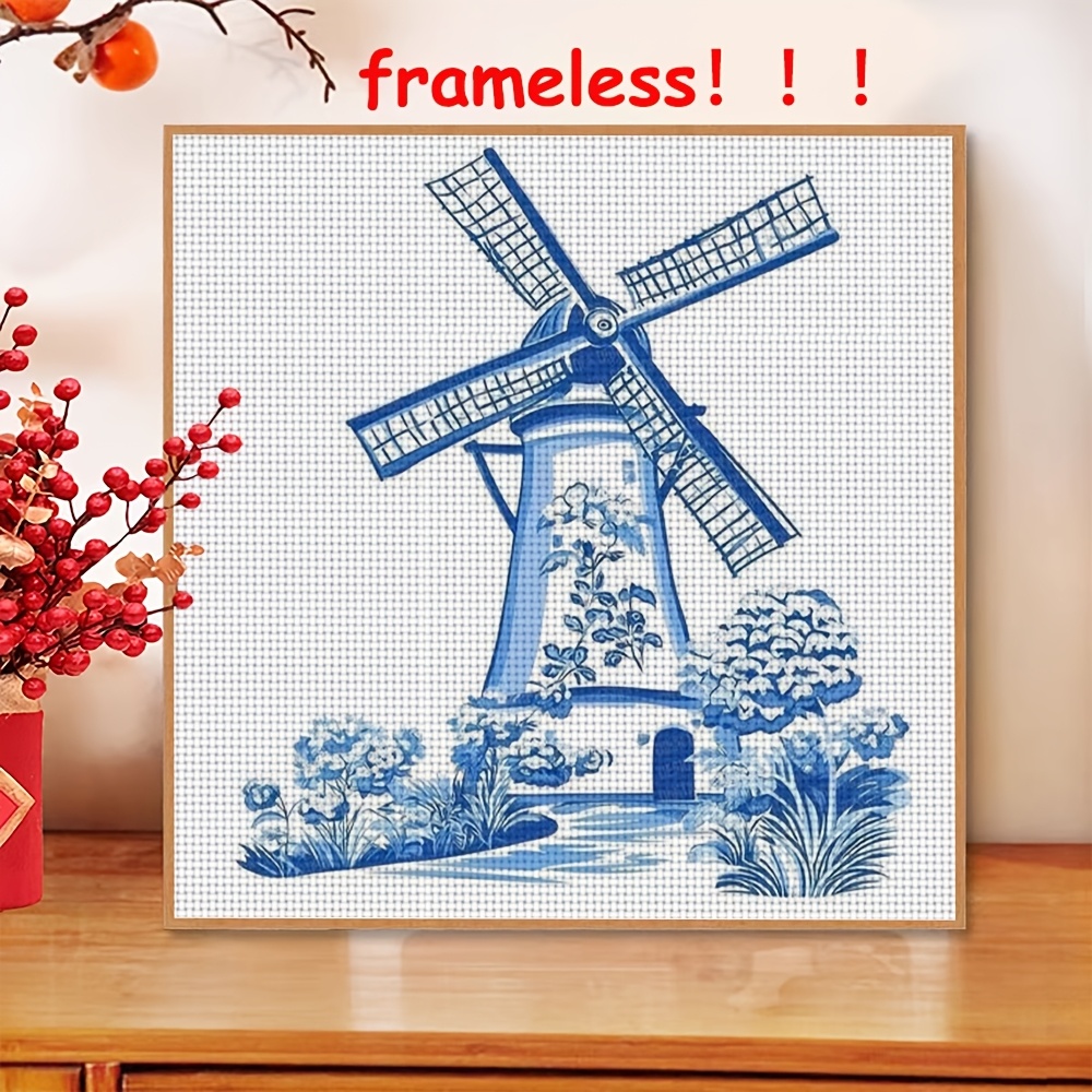 TEMU 1pc 11ct Frameless Diy Cross Stitch Kit-blue And With Flowers,handmade Artwork, Suitable For Adults And Beginners, Bedroom And Living Room Wall