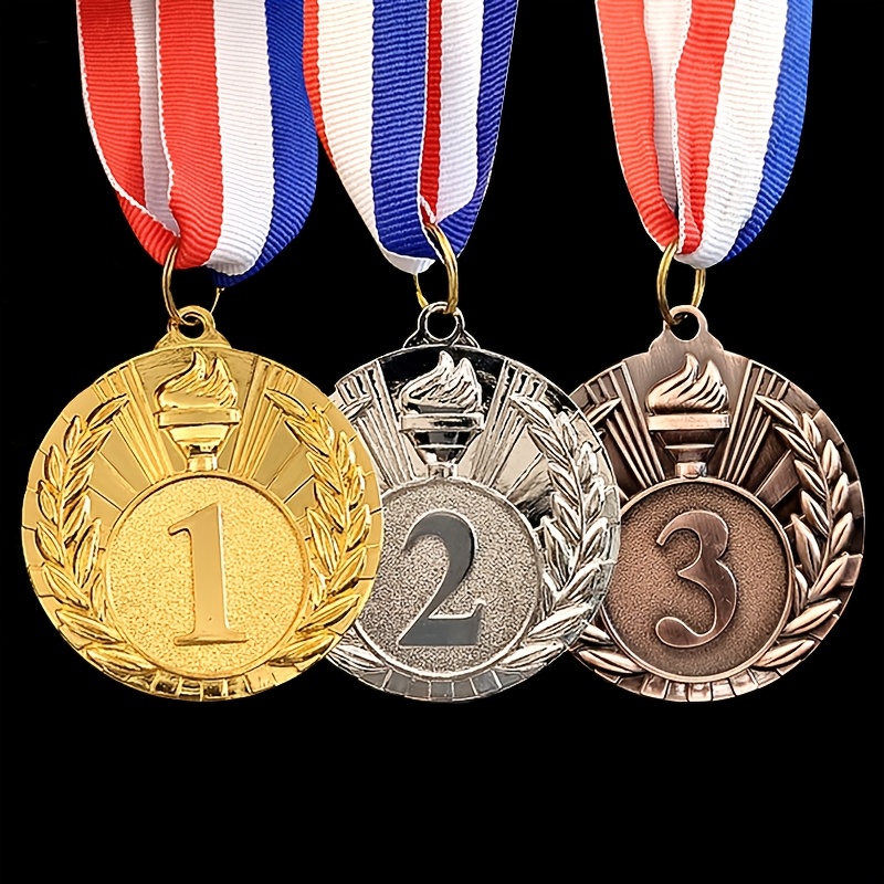 TEMU 3pcs Zinc Alloy Medals Set, 2-inch Metal Winner Medals With Neck Ribbons, 1st Golden, 2nd Silver, 3rd Bronze , Universal For Sports, Ceremonies, And