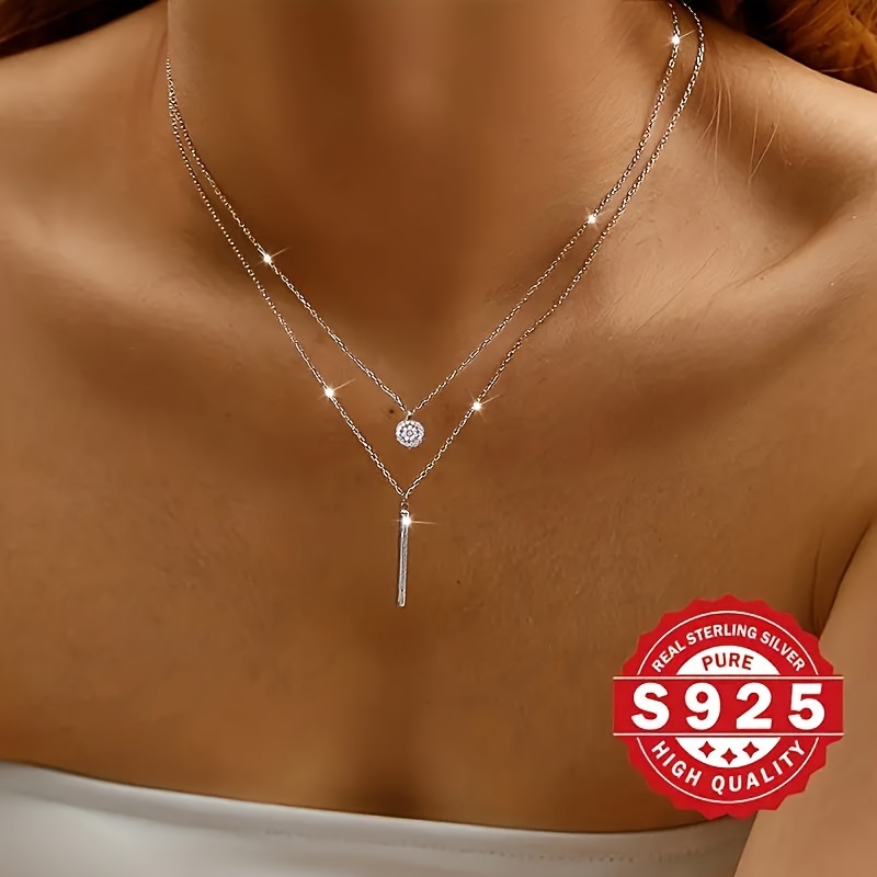 

2.9g S925 Silver Round Zirconia Silver Bar Double Layer Necklace, Light Luxury, Unique Gift, Low Allergy