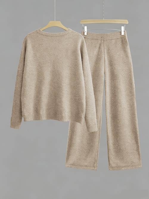 that printed comfortable set crew neck sweater and wide leg pants loose fit stylish style soft texture trendy loungewear casual days