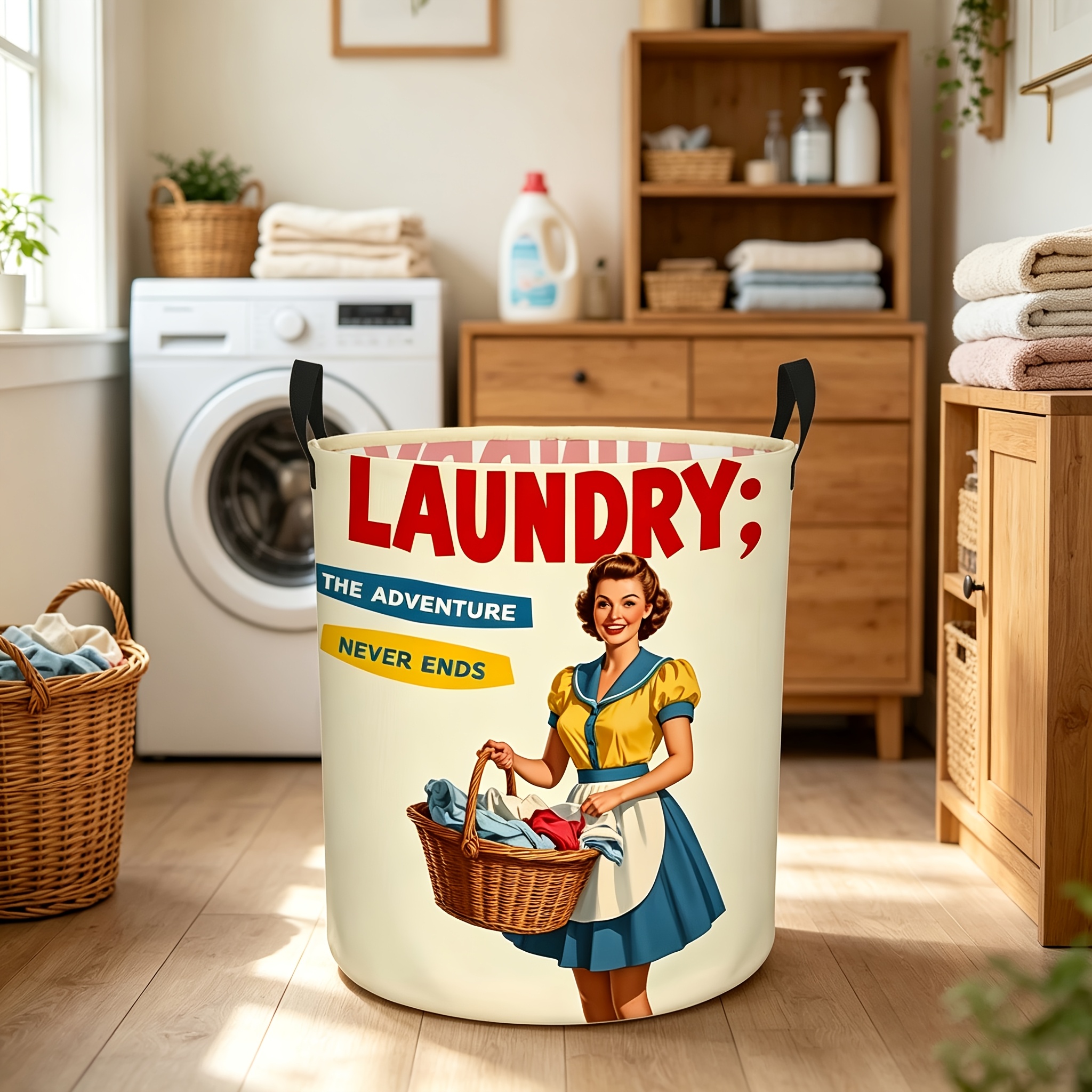 TEMU 1 panier à linge rétro pour au foyer - Panier de rangement rond rétro avec poignées robustes, adapté au dortoir, salle de jeux, panier à linge