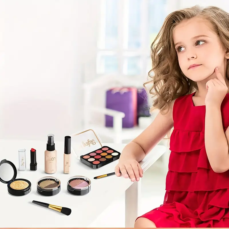 childrens makeup set girl dress up game simulation cosmetics set 10pcs set with pc material eye shadow palette powder compact lipstick powder puff toddler pretend makeup toy suitable for birthday party games and makeovers gift for little girls birthday gift non no liquid only simulation details 2
