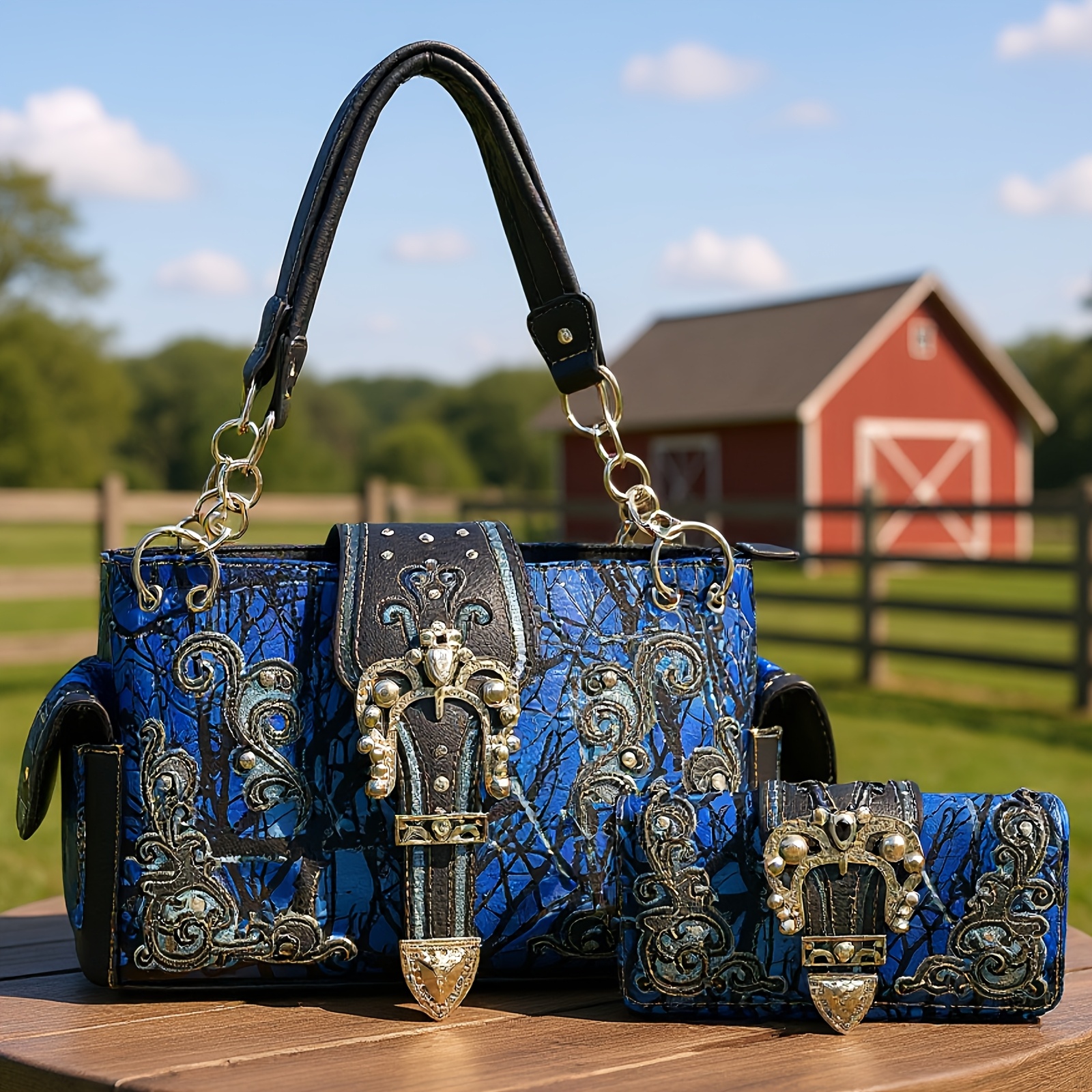 TEMU Camouflage Crown Western Style Purse Floral Shine Glow Country Handbag Women Shoulder Bag Crossbody Wallet Set