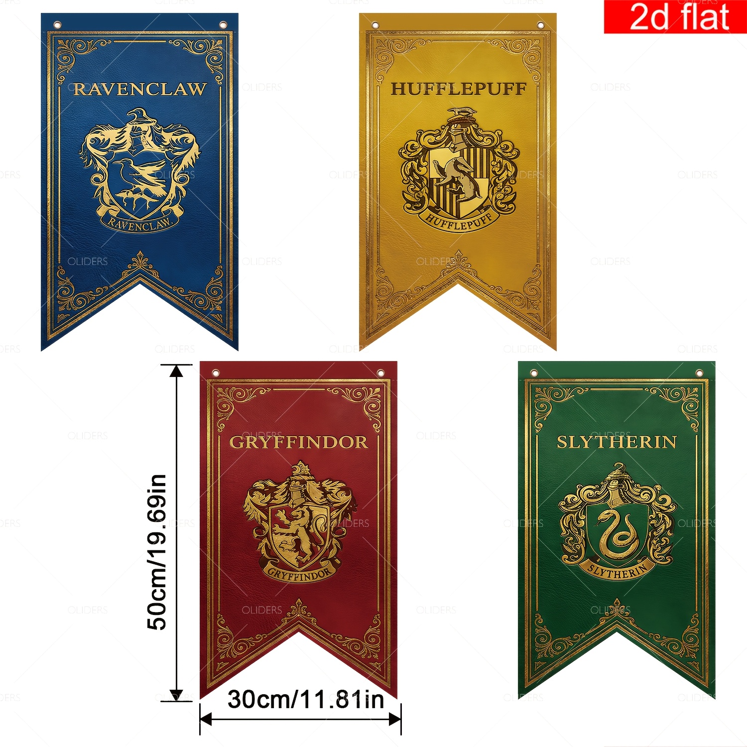 Image of 2d Flat, 4pcs Wb Harry Potter Hogwarts House Flags Suitable For Wall Decorations, Themed Parties, Comic & Halloween - Faux Leather Texture With Gilded, Pennants, 4 House Banners For,, 2d Flat