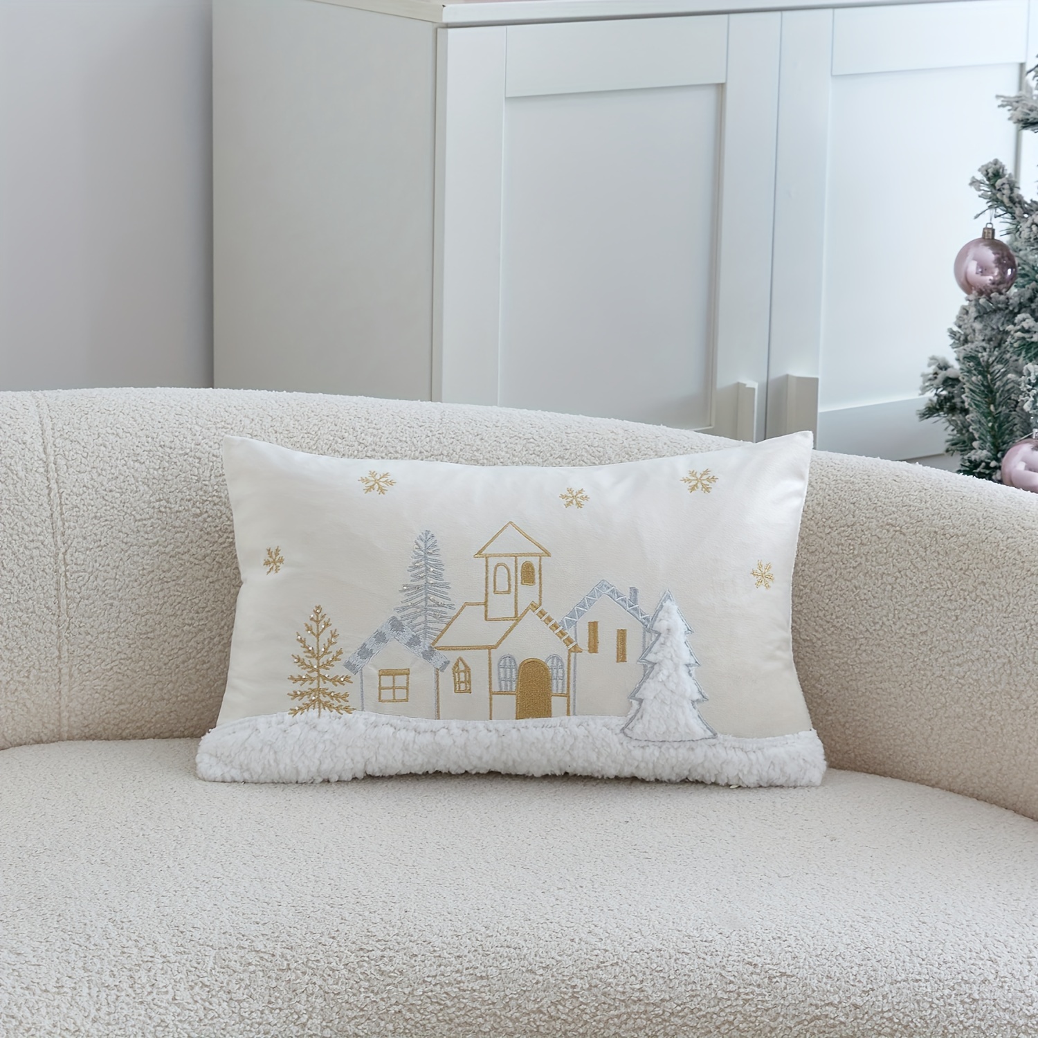Image of 1pc Of Christmas Golden And House Embroidered Pillow Cover, Suitable For Indoor Decoration, Christmas Decorative Pillow Cover, Insert Not Included
