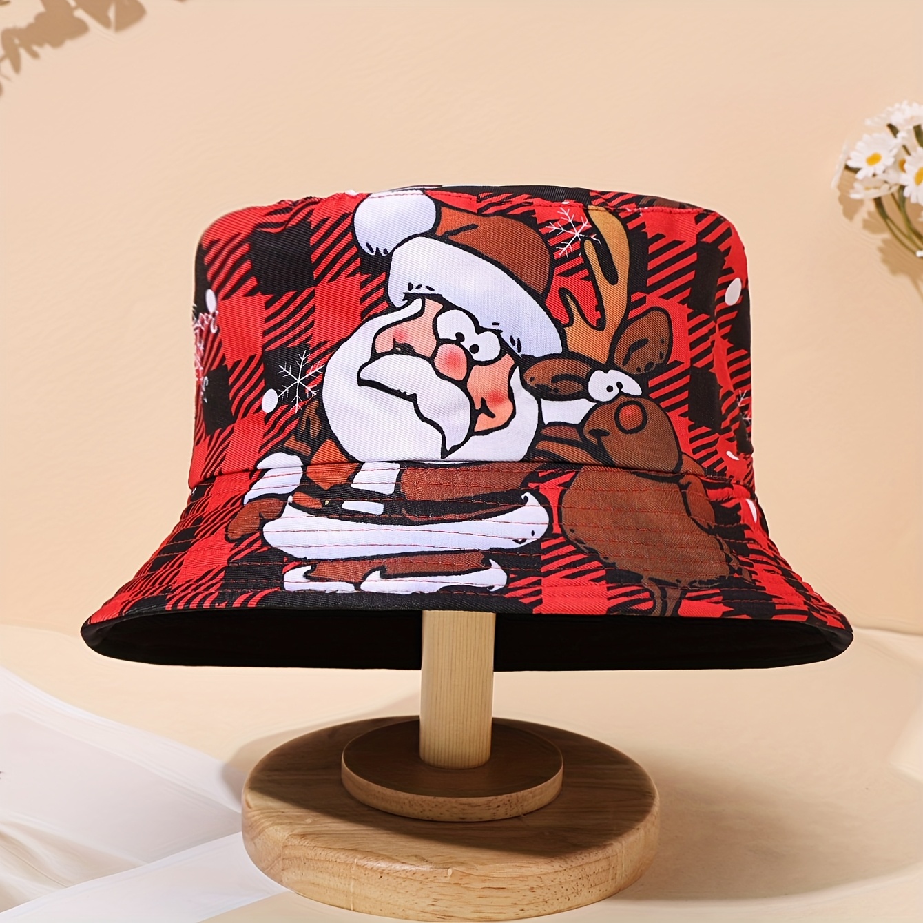 TEMU 1pc Santa Claus, Snowman, Snowflake, Christmas Gifts, Printed Hat, Basin Hat, Women's Christmas Hat