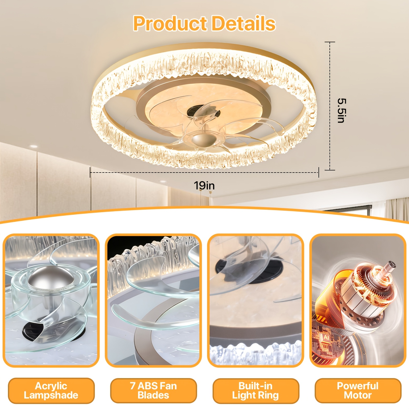 ceiling fan with light low profile ceiling fans with remote control flush mount ceiling fan 3 color 6 speed led fan light for bedroom living room kitchen dining room Product details 2