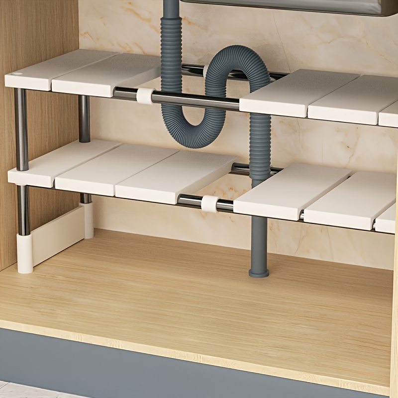 

Étagère de Rangement Extensible pour Économiser de Sous l'Évier - Acier Inoxydable & Plastique, Organisateur Multiniveau pour Cuisine & Garage