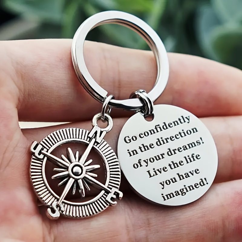 Inspirational Stainless Steel Keychain For Men - '' Compass Design With Motivational Quote, Durable 201 Stainless Steel Graduation Gift Or Party Favor