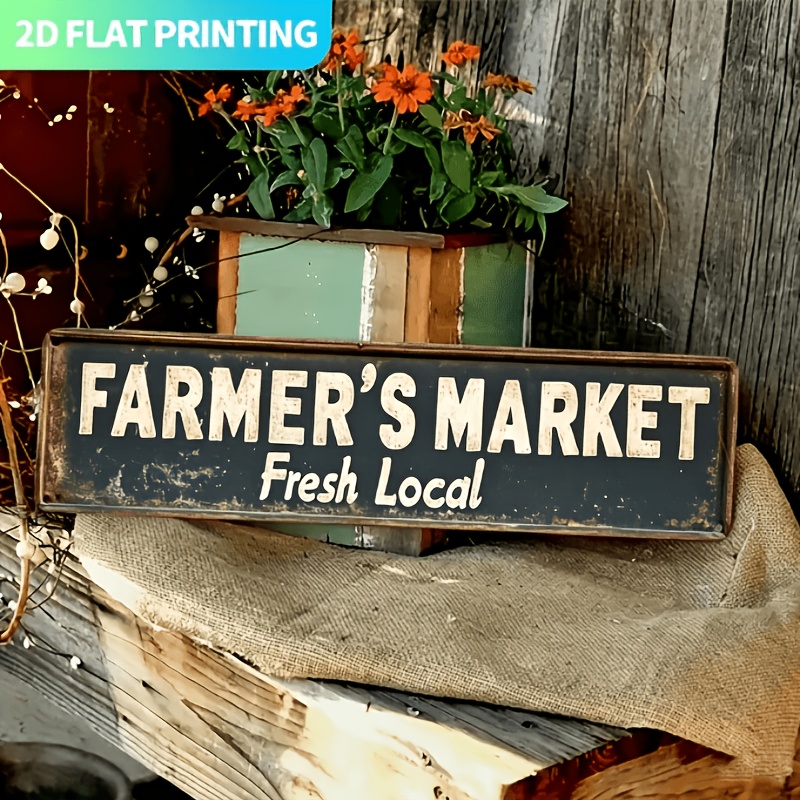 TEMU 2d Flat, 1pc Vintage Market Metal Wall Sign - Rustic Farmhouse Decor With Aged Black & White Lettering, Distressed Edges - Large 39.88x9.91cm