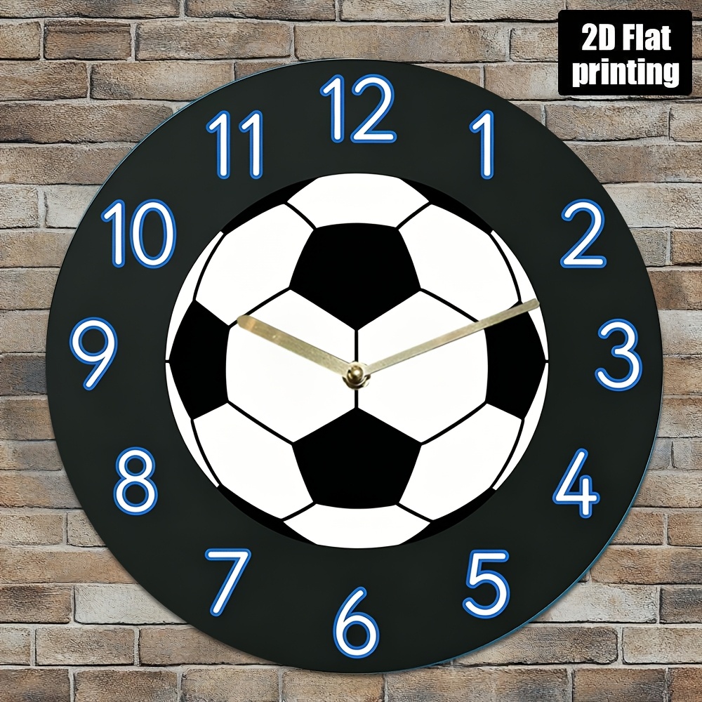 TEMU 2d Flat, 12-inch Soccer-themed Wall Clock, Non-glow Numbers And Football Design - Silent No-tick Decor, Black Blue Light Panel, Acrylic Round