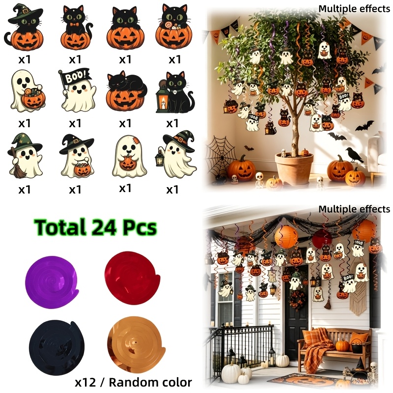 TEMU 24pcs Mixed Set, Halloween Decorations, Cartoon Black Cat Paper Hanging Tags With Spiral Ribbons, 12 Halloween Cartoon Tags In 12 Styles   12