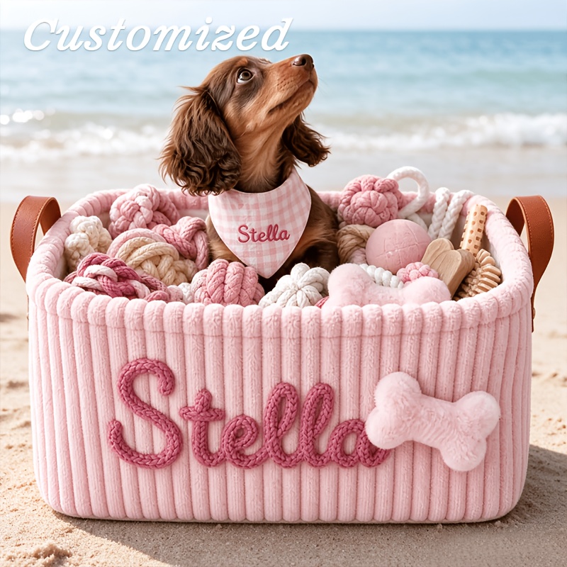 TEMU Panier de Rangement pour Animaux de Compagnie à Nom Personnalisé, Bac de Rangement pour Jouets en Velours , Organisateur de Friandises et