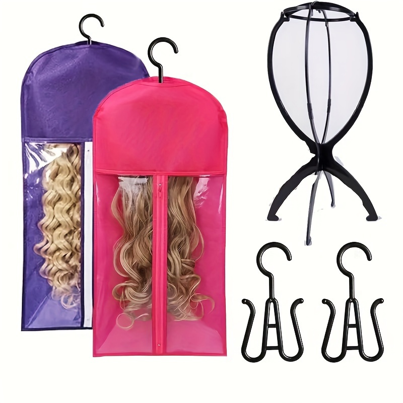 

3-piece Wig Care Set: Dust-proof Storage Bags With Transparent Window, Folding Wig Stands, And Smooth Zipper With Metal Stopper - Unisex Adult Hair Extension Maintenance Kit