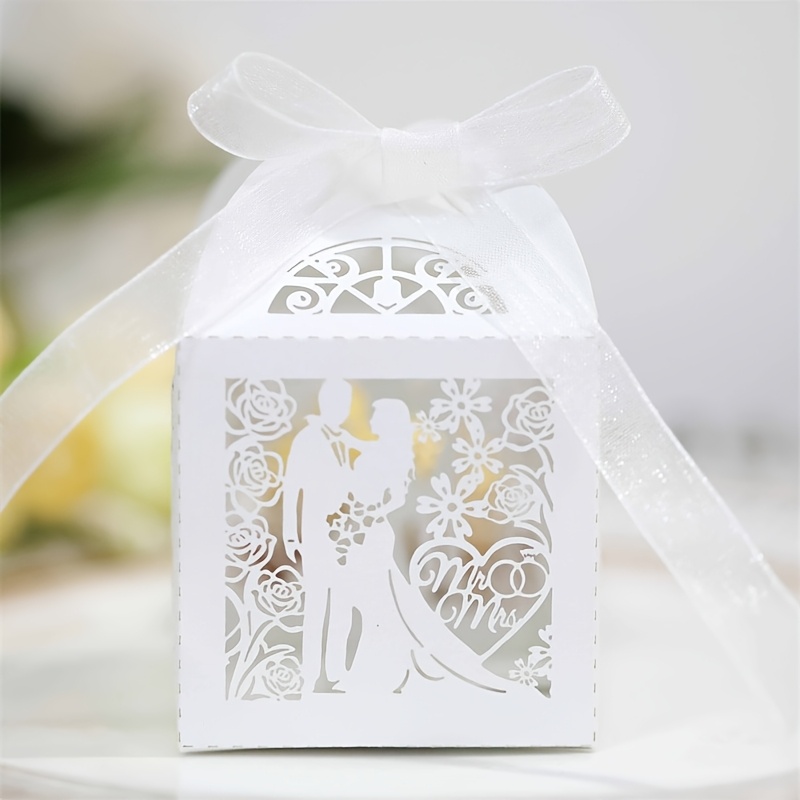 TEMU 12 piezas de elegantes cajas de recuerdo de boda de papel con corte láser y cinta, diseño para invitados, empaque para chocolates y galletas de
