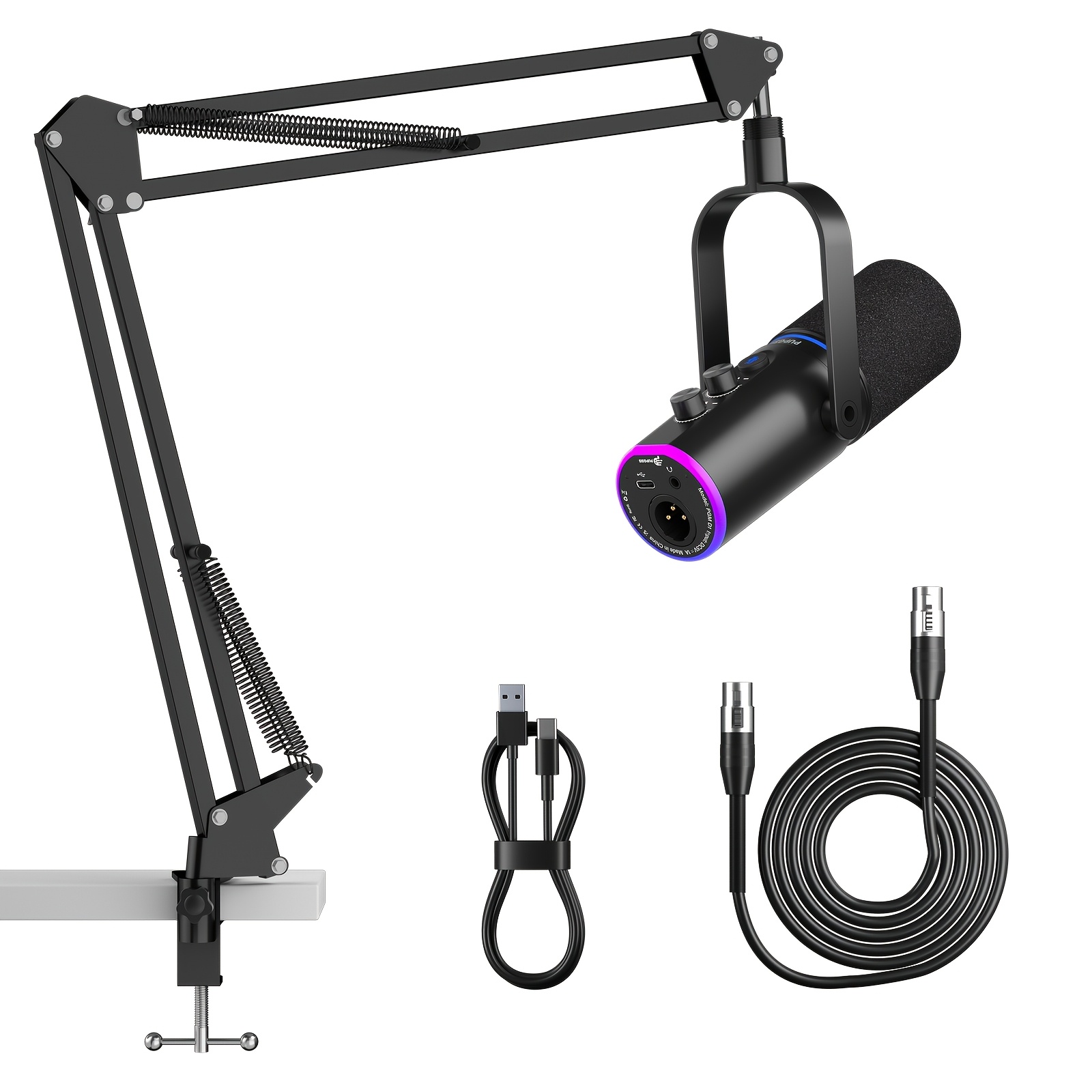 TEMU Xlr/usb Podcast Microphone, With Mute Button, Effects, Noise Cancellation, Boom Arm Stand, Headphones Jack, Dynamic Microphone For