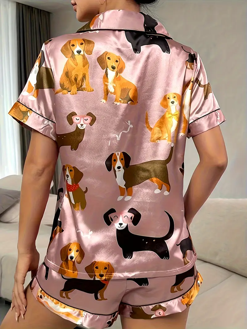 2pcs set of satin bean paste cartoon dog pajamas womens short sleeved stand up collar top and shorts pajamas 2pcs set Product details 3