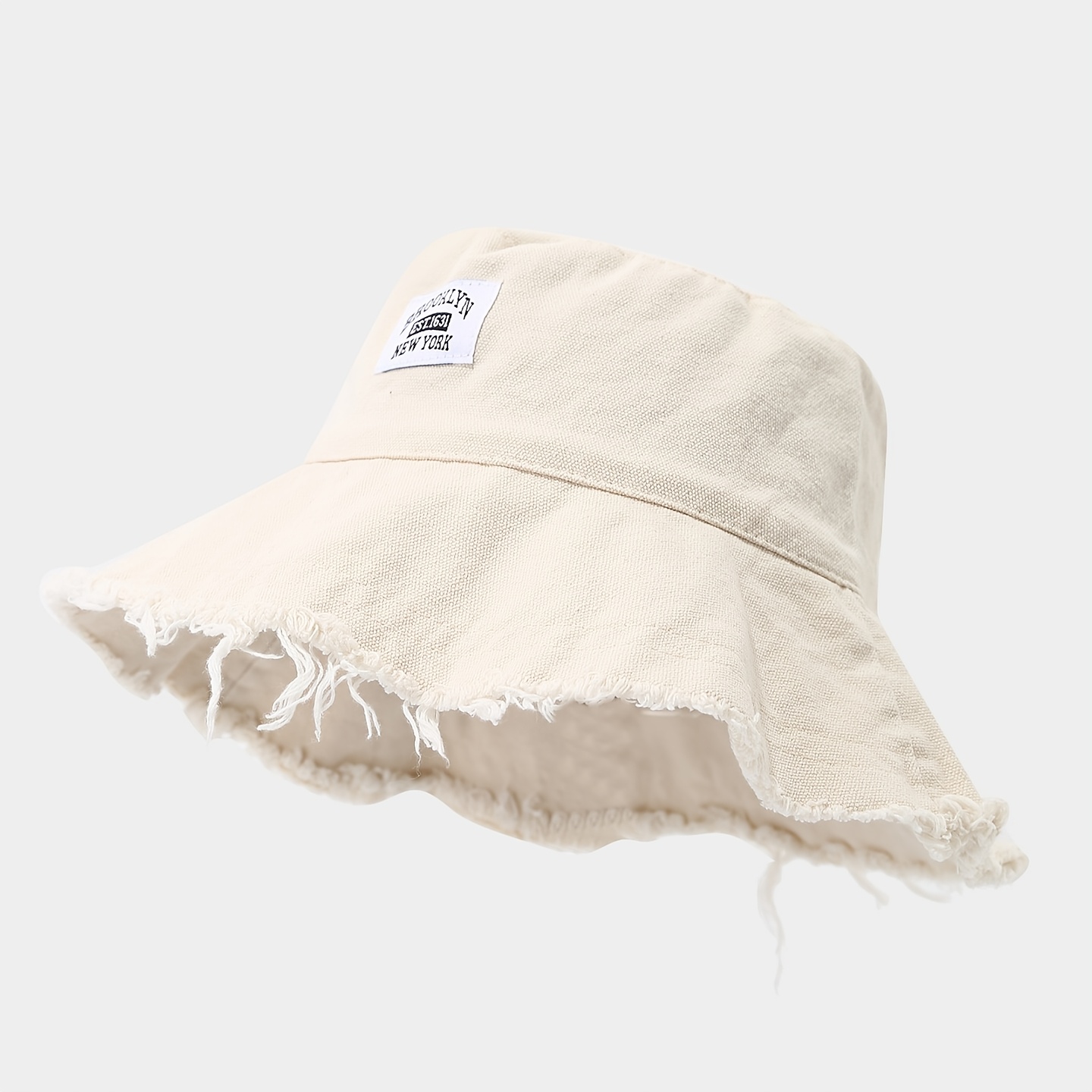Image of Retro Letter Patch Fisherman Hat, Women' Fashion Frayed Trendy Sun Hat, Summer Sunscreen Sun Hat, Retro Distressed Small Face Basin Hat, Travel Versatile Bucket Hat