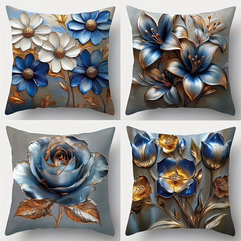 

4-pack Contemporary Style 3d Floral Print Throw Cushion Covers, 17.72-inch Square, Hand Washable, Zipper Closure, Woven Polyester, Decorative Case For Living Room, Bedroom Sofa – No Insert