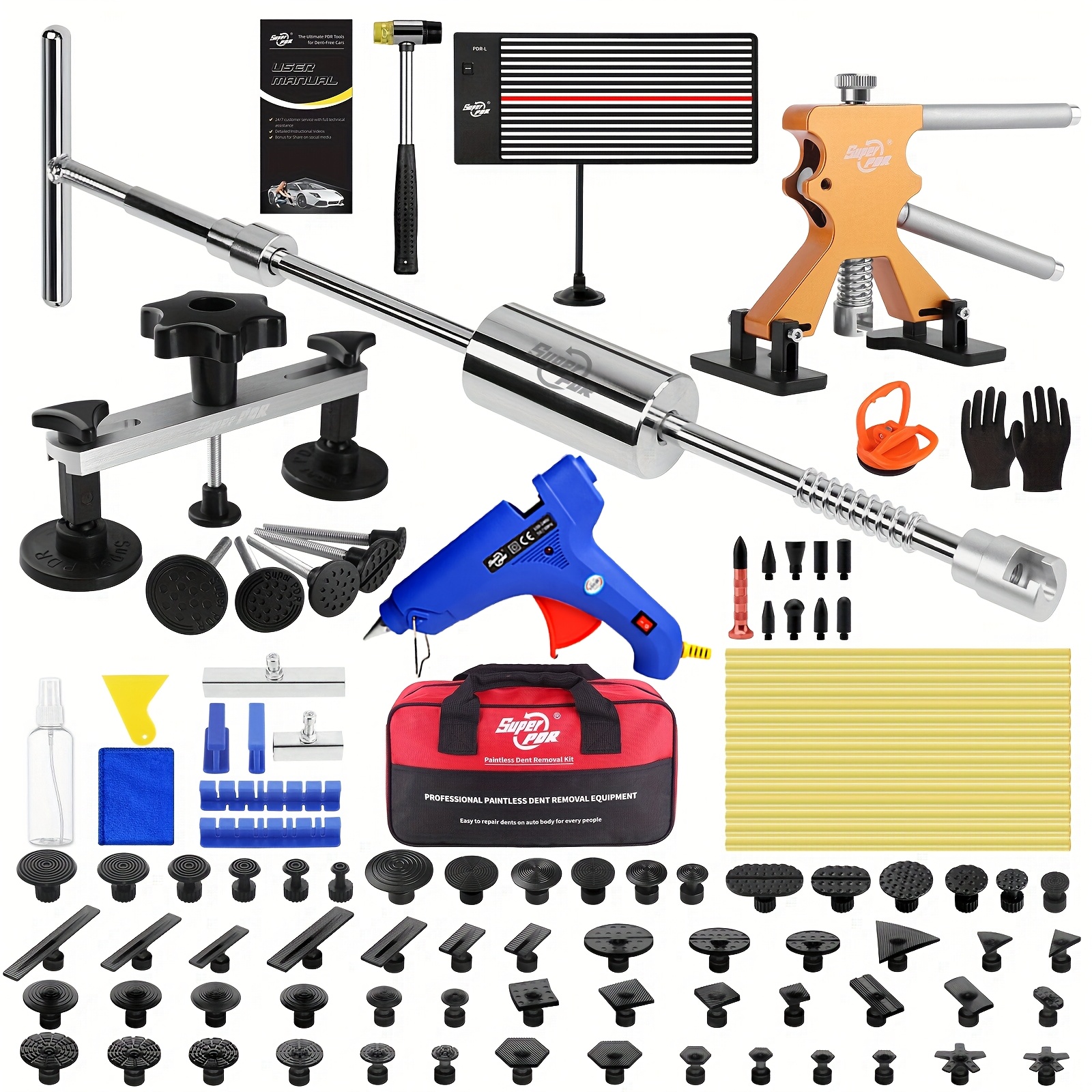 Professional Paintless Dent Repair Kit - Includes Glue Gun, Dent Pullers, Suction Cups & Board For Auto Body Hail Damage And Dent Removal
