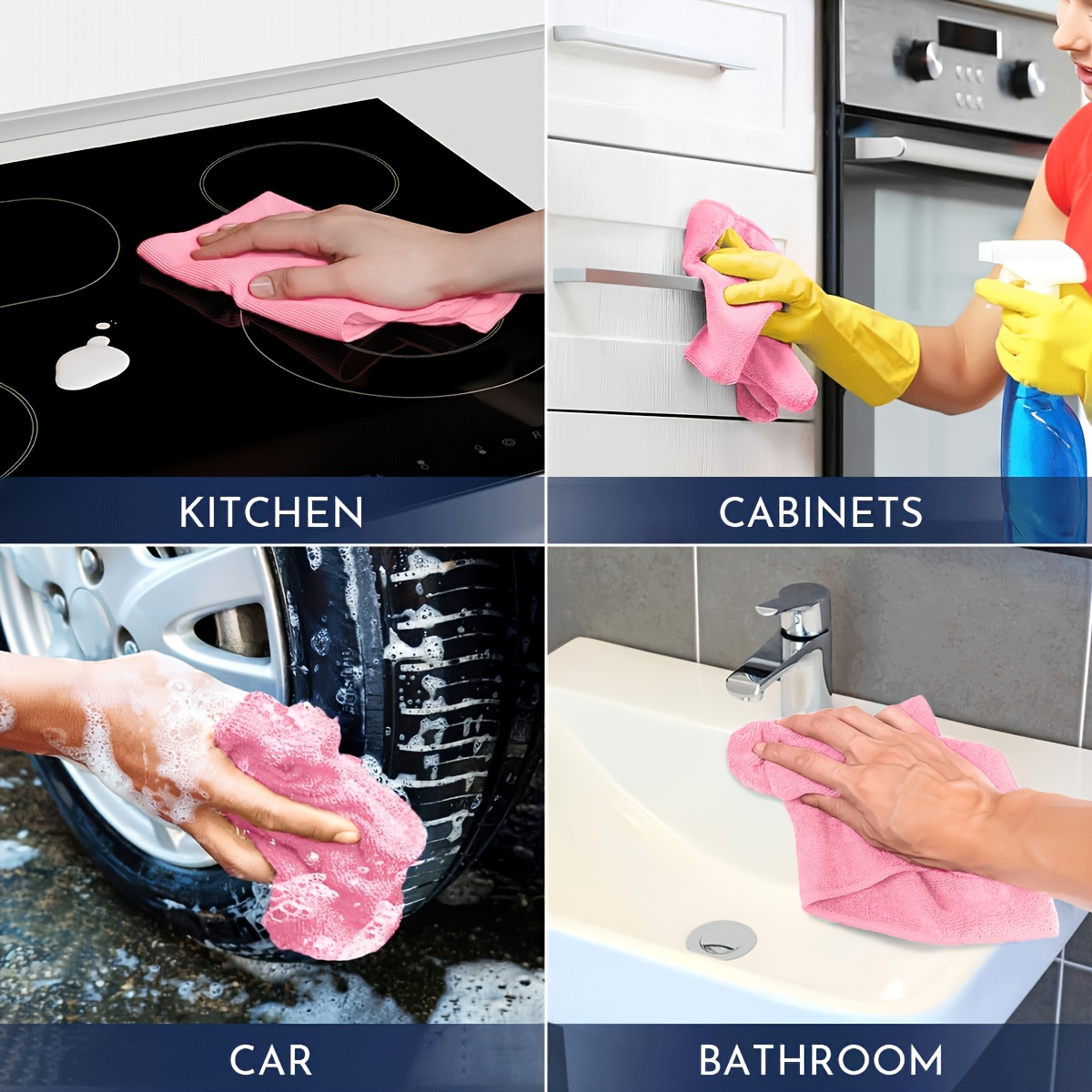 3pcs Pink Microfiber Cleaning Cloths, Lint-Free & Highly Absorbent