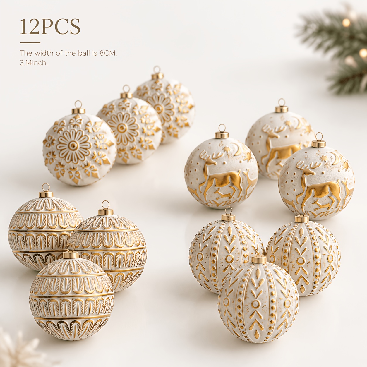 TEMU 12pcs 8cm Vintage Embossed Christmas Balls Set, Cream White Golden Hand Painted Xmas Balls With Reindeer & Floral Pattern, Luxury Ornate Holiday