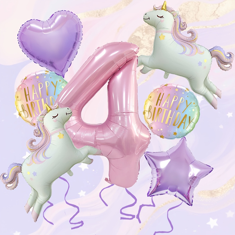 Image of 7pcs Unicorn Themed Balloon Set | Pink Numbers 1-9 With Stars And Hearts, Suitable For Birthday Parties, Celebrations, Anniversaries, Decorations, Showers, For Halloween, Christmas