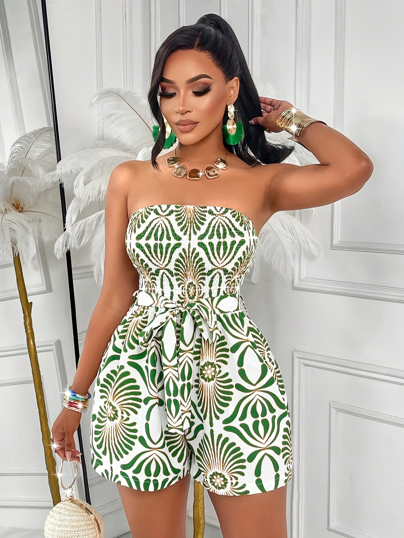 Women'S Vacation Strapless Jumpsuit, Random Geometric Pattern