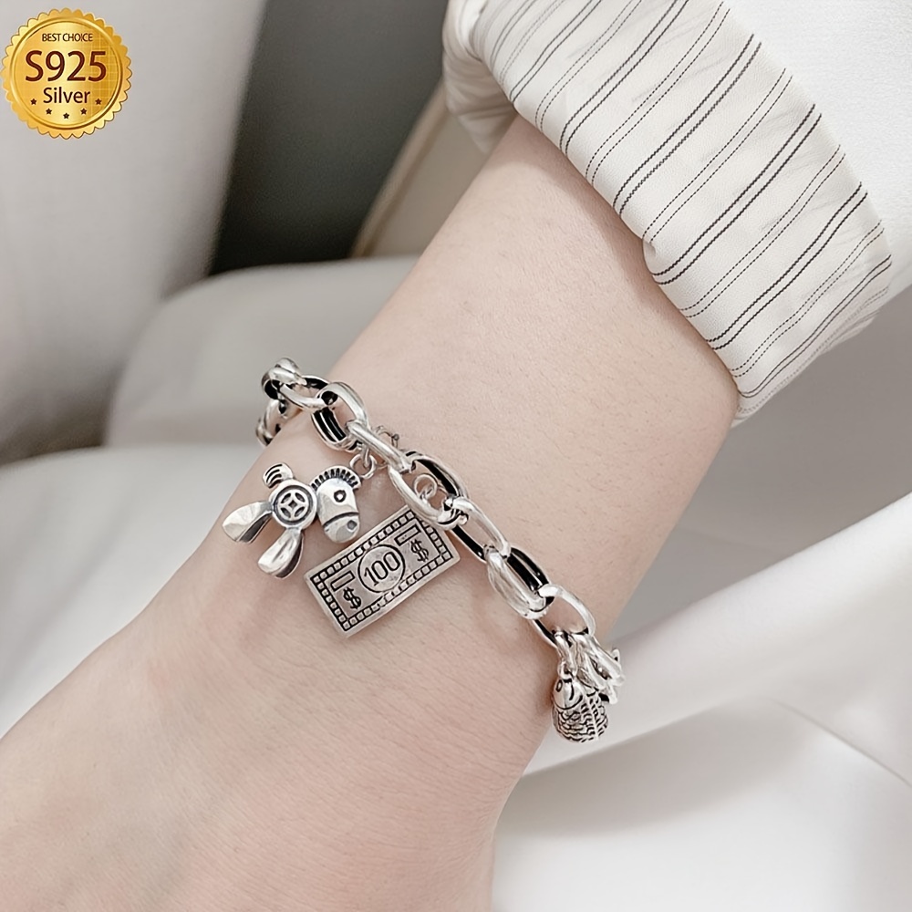 

925 Sterling Silver Bracelet, Vintage "wealth Is Coming" Design, Cute & Chic, Horse & Coin Charms, High Quality Gift For Women