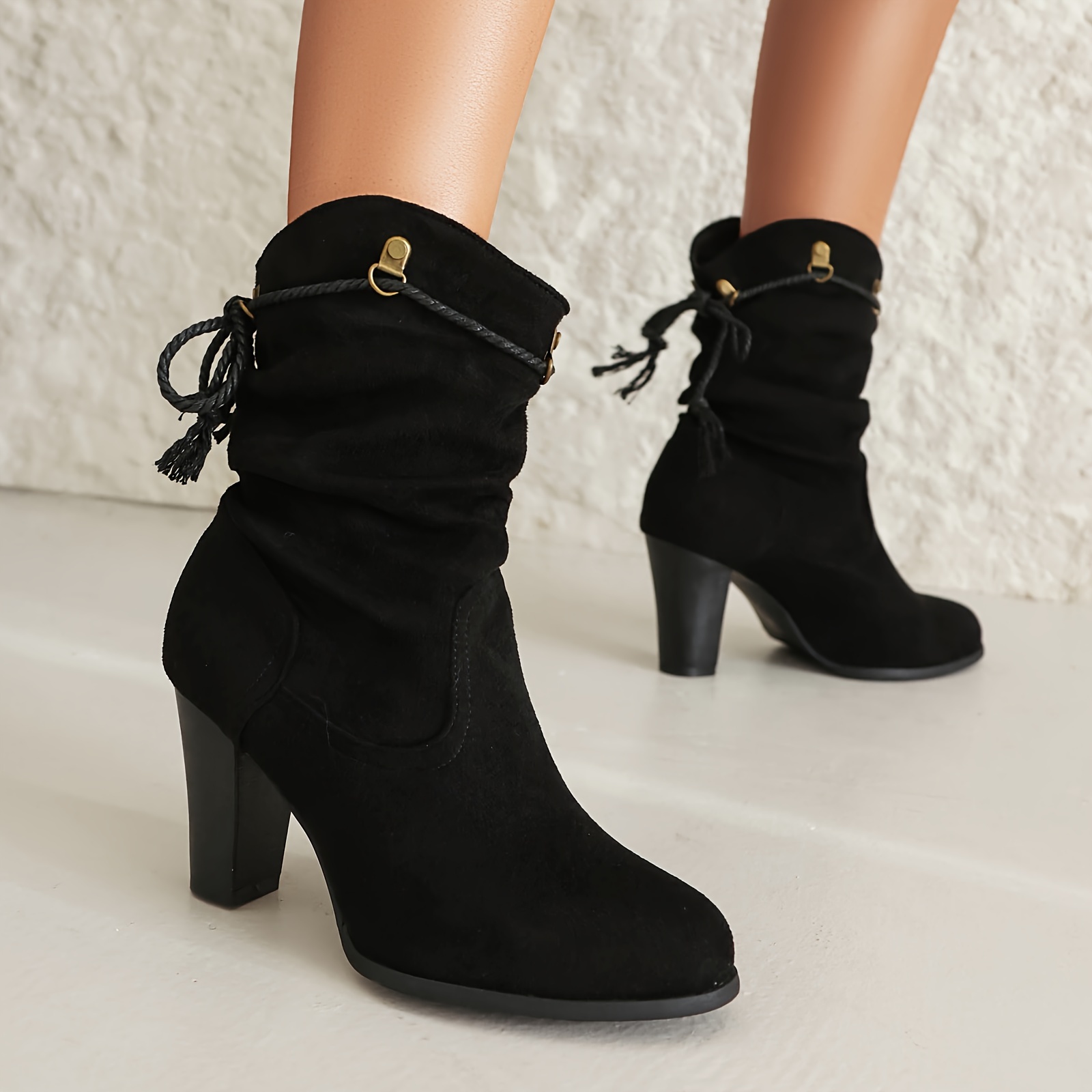 Image of New Autumn And Winter Women's Short Boots With A British Style, Featuring Chunky Heels, Round Toes, Metallic Decorations, And Mid-calf Height., Women Shoes