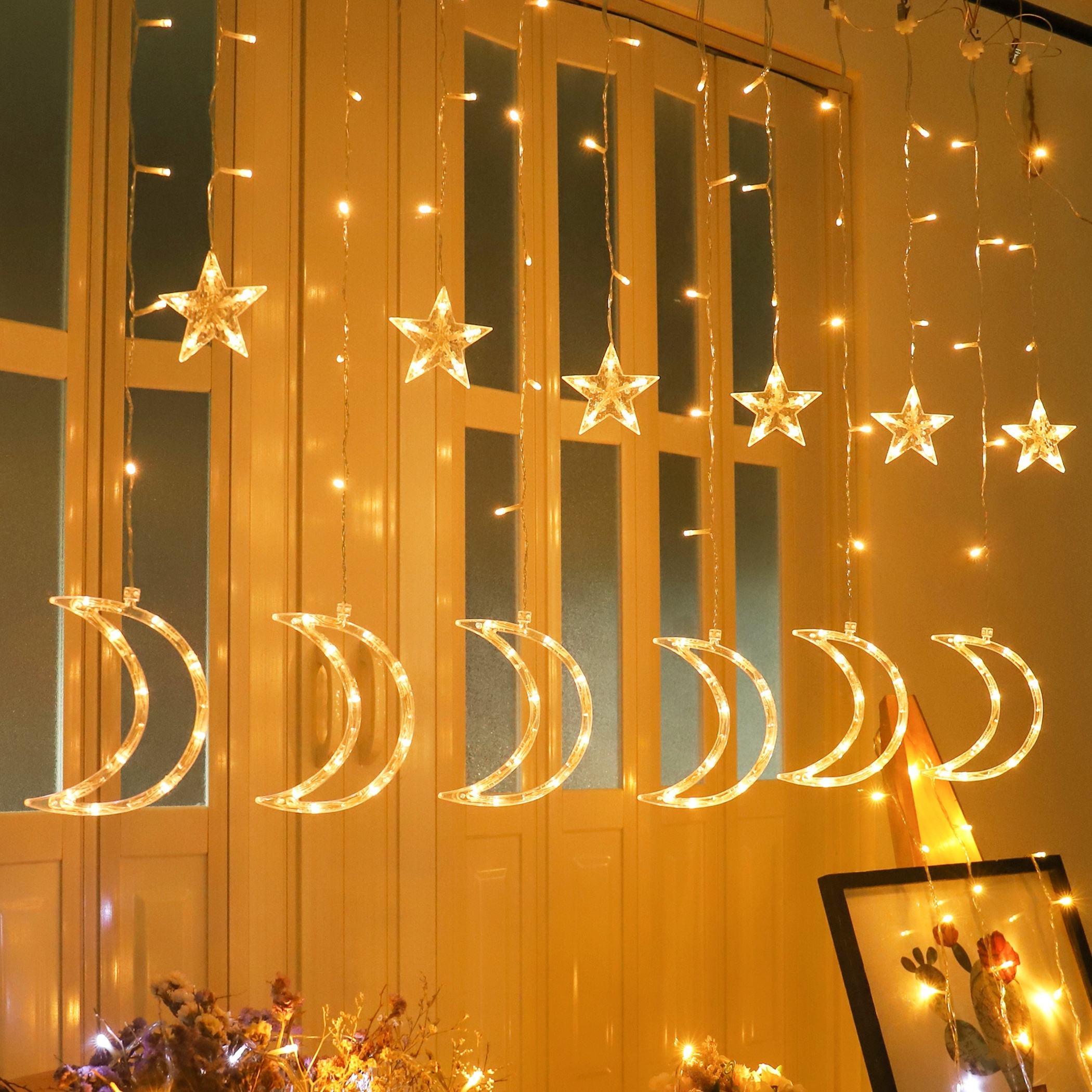TEMU 6.5ft Moon And Star Curtain Light String, 138 Led Window Fairy Hanging Lights Flashing Waterfall With 8 Lighting Timed Function For Indoor Home