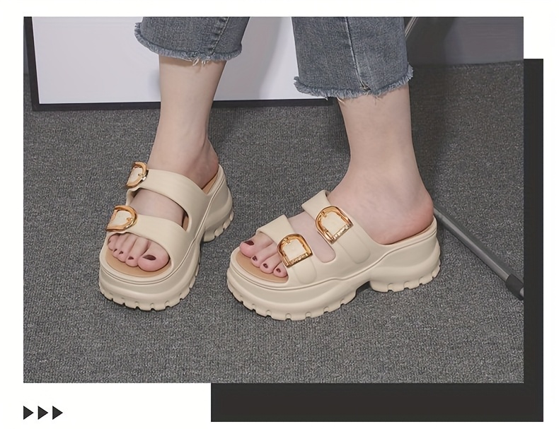 Women'S Elegant Thick Sole Double Strap Sandals with Buckle Closure - 6cm Height Increase, Soft EVA Material, Non-Slip, Open Toe, All-Season Wear, White, Elegant Footwear | Chic Sandals | Elegant Strap