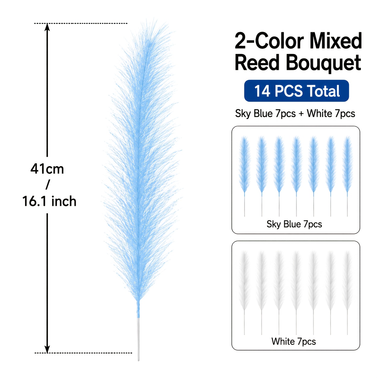 TEMU 14pcs Blue And White Artificial Reed Stems, 2 Color Mixed Faux Pampas Grass Bouquet, Fluffy Feather Flowers For Home Vase Decoration Wedding