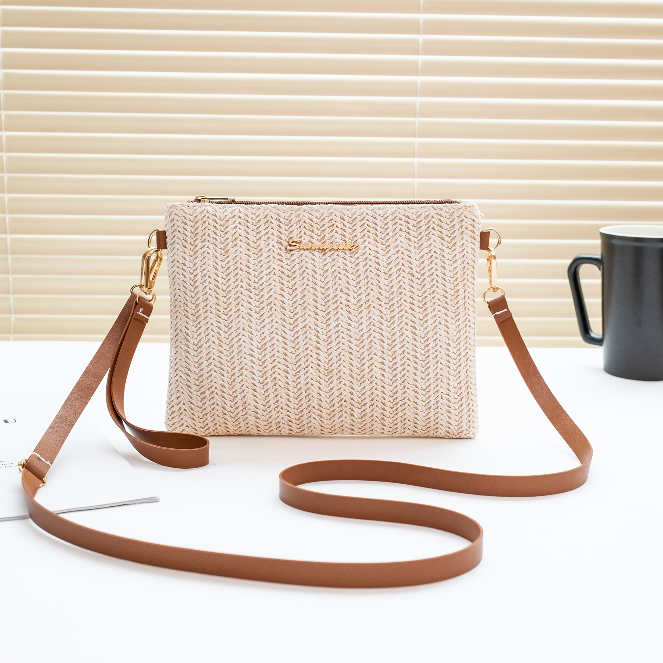 Image of Crossbody Bag, /summer Straw Weave Trendy Women', Versatile With Wrist Strap, Multifunctional Phone And Coin Purse, Sweet Square Bag For Shoulder Or Crossbody Wear