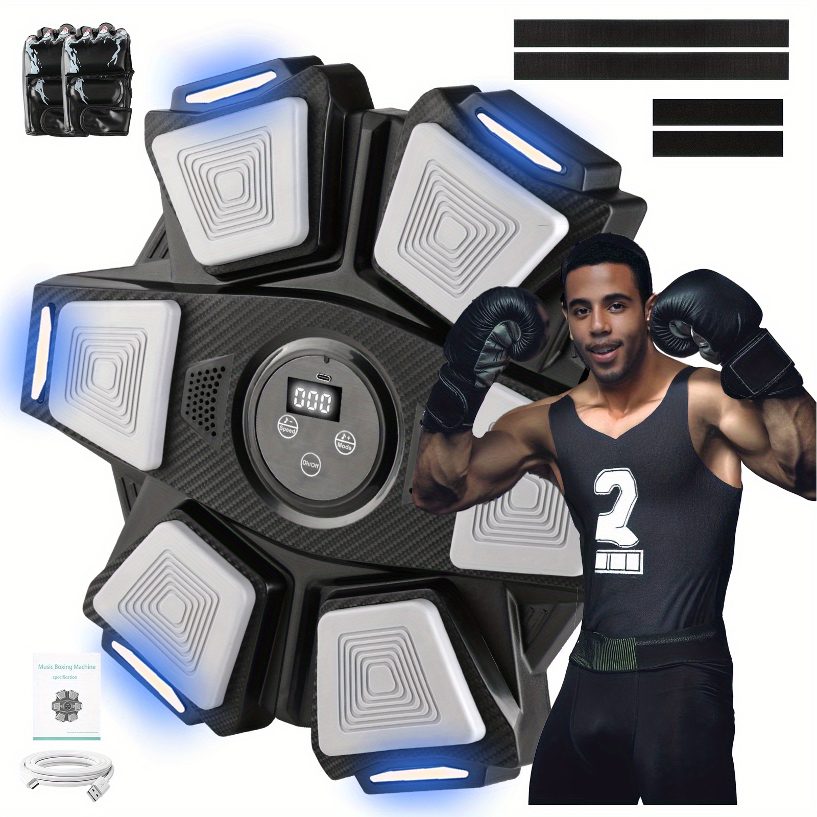 TEMU Smart Music Boxing Machine Wall Mounted Punching Trainer With Led Lights Display, Interactive For Home Gym Fitness, Includes Boxing Gloves