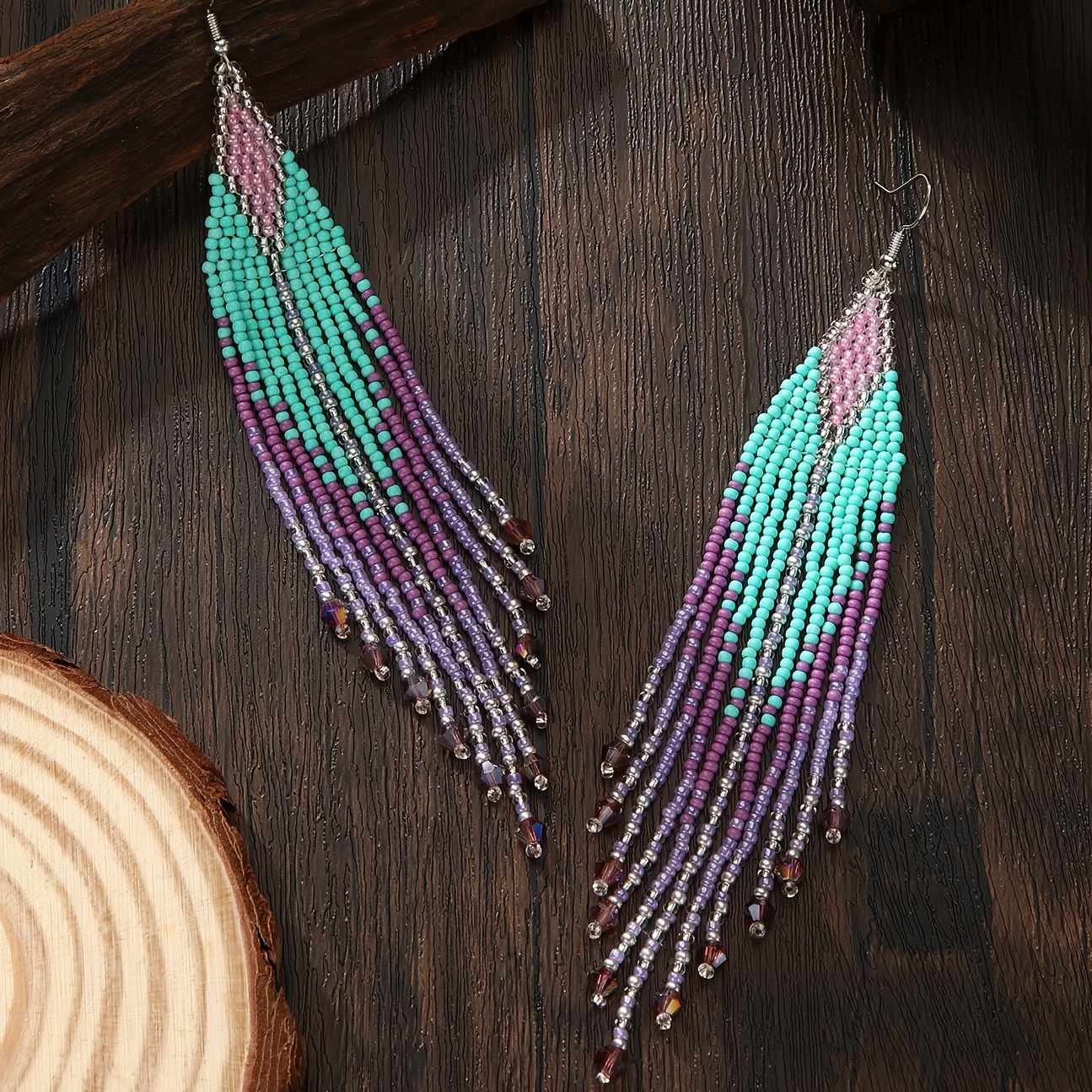 Women's Handmade Mint & Lavender Seed Bead Tassel Dangle Earrings