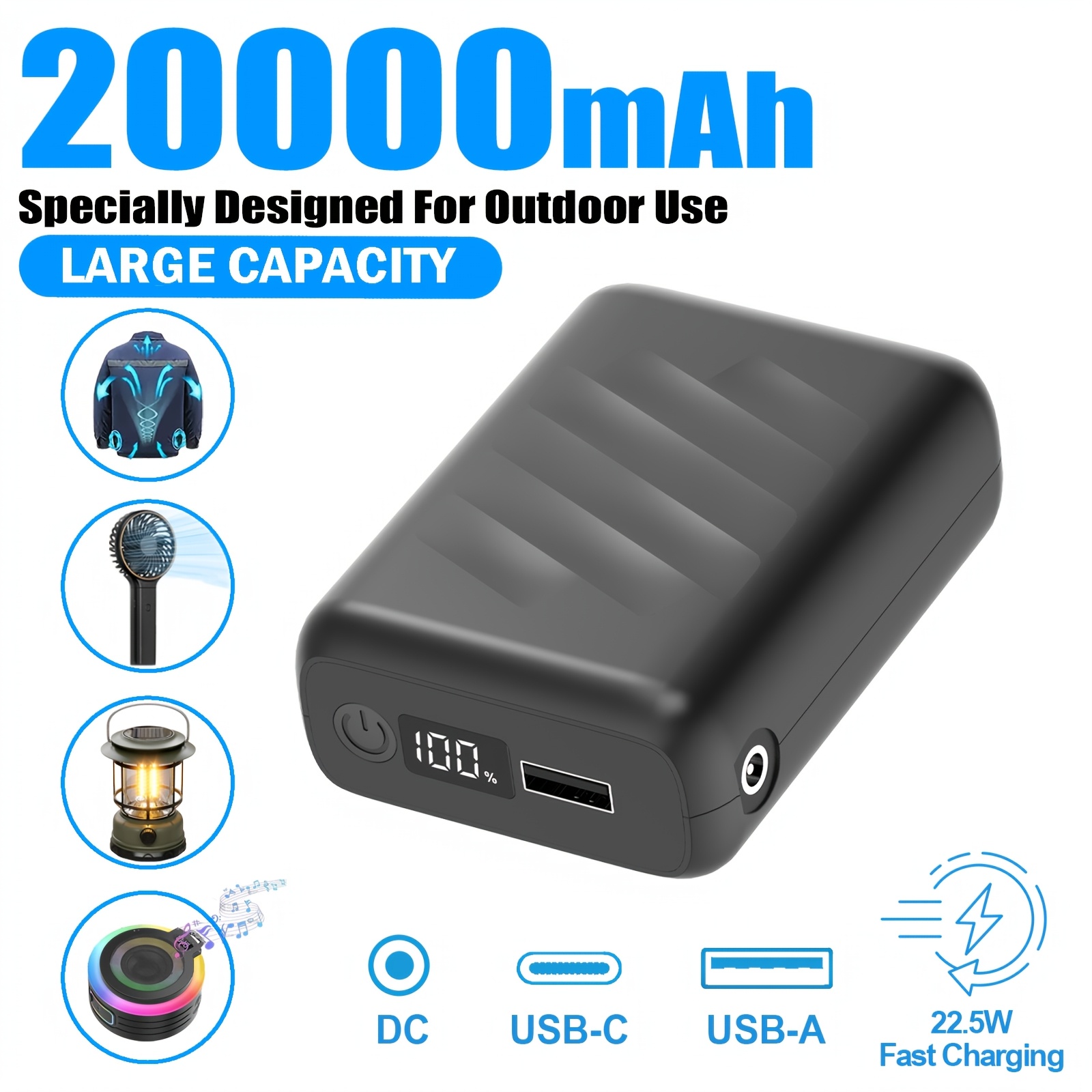TEMU de energía portátil de 20000 mAh, cargador compacto superior con pantalla LED para el abrasador del verano, de CC de 7.4V compatible con chaleco