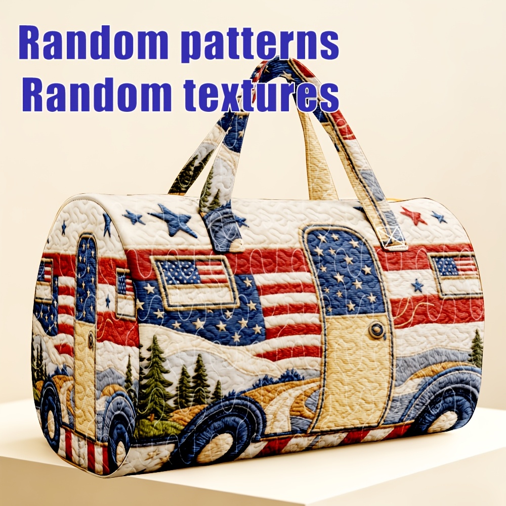 TEMU 1pc Quilted American Rv Duffel Bag Large Capacity Cylinder Travel Tote With Handles Mountain National Overnight Weekender Style For Women Men