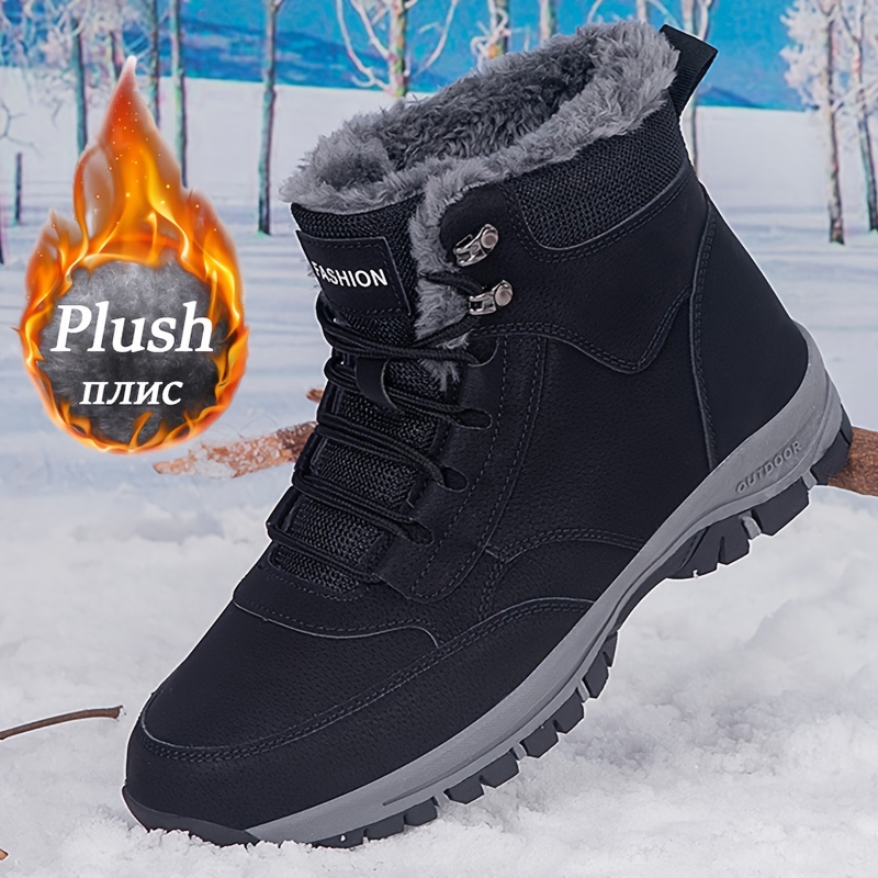 TEMU Solid Color Snow Boots With Warm Plush Lining, Comfy Non Slip Microfiber Upper Lace Up Shoes, Men's Winter Outdoor Footwear