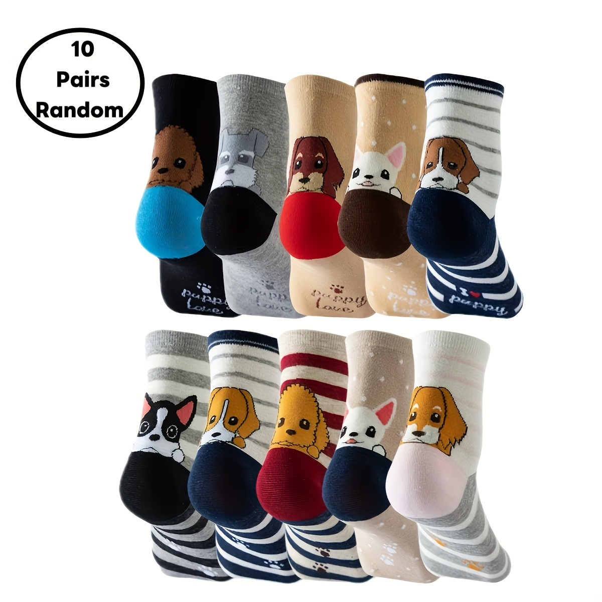 E-shop 10 Paar Sportsocken bis zur Mitte der Wade | Dreidimensionales Cartoon-Design im englischen Stil mit niedlichen Hunden, Stoff, gemischte Farben,