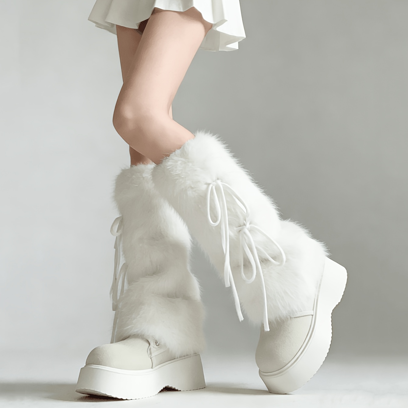 TEMU 1 Pair Of Autumn/winter Y2k Hot Bow Tie Lace-up Plush Leg Warmers In White/khaki/brown. Features Floating And May Shed Slightly