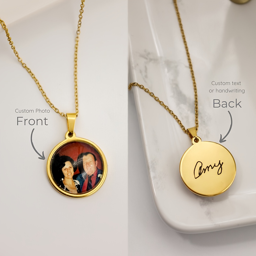 TEMU Custom Photo & Text Engraved Stainless Steel Double-sided Glass Pendant Necklace - Personalized Gift For Women, Family, - Elegant French Style