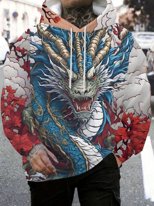 mens womens casual long sleeve hooded sweatshirt 3d blue red dragon print drawstring with kangaroo pocket suitable for spring autumn and winter