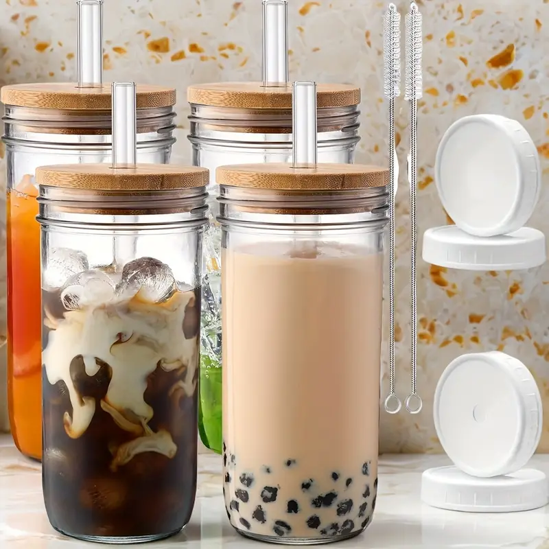 mothers day gift for mom glasses 4 cups 4 lids 4 straws with lids and straws 24oz smoothie glasses wide mouth reusable mugs ice mug glasses Product details 0
