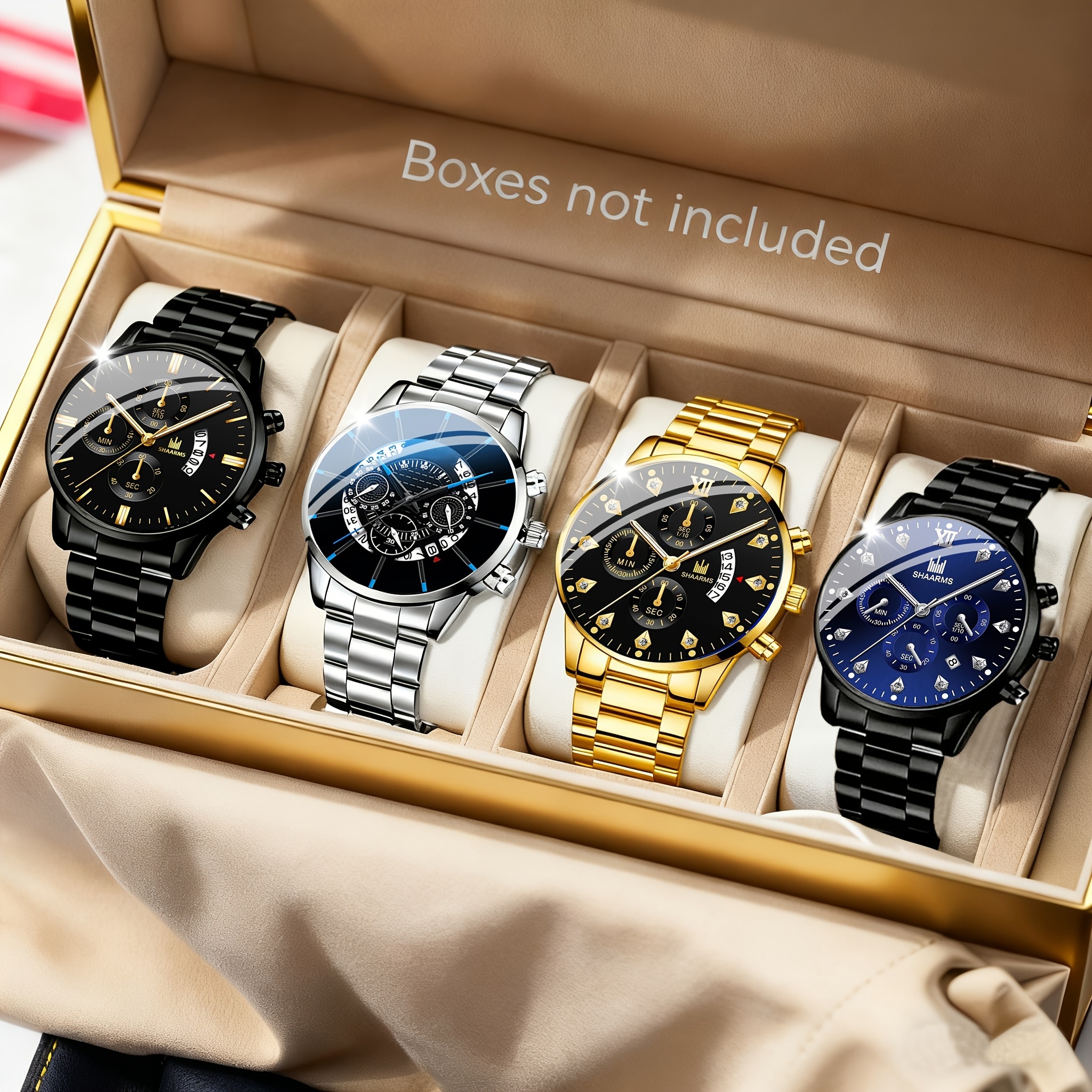 TEMU 4pcs Men's Luxury Watch Set - 4 Unique Styles Quartz Wristwatches Suitable For Daily Wear, Parties, Birthdays, Christmas & Valentine's Gift -