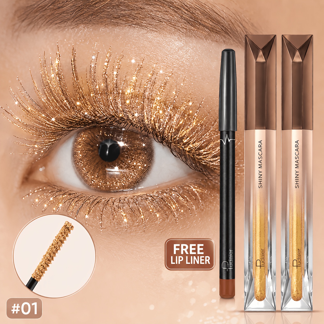 TEMU Pudaier 5 Colors Glitter Shiny Mascara 2pcs+free Lip Liner, Waterproof Long Lasting Volumizing Curling Lash Makeup For Party