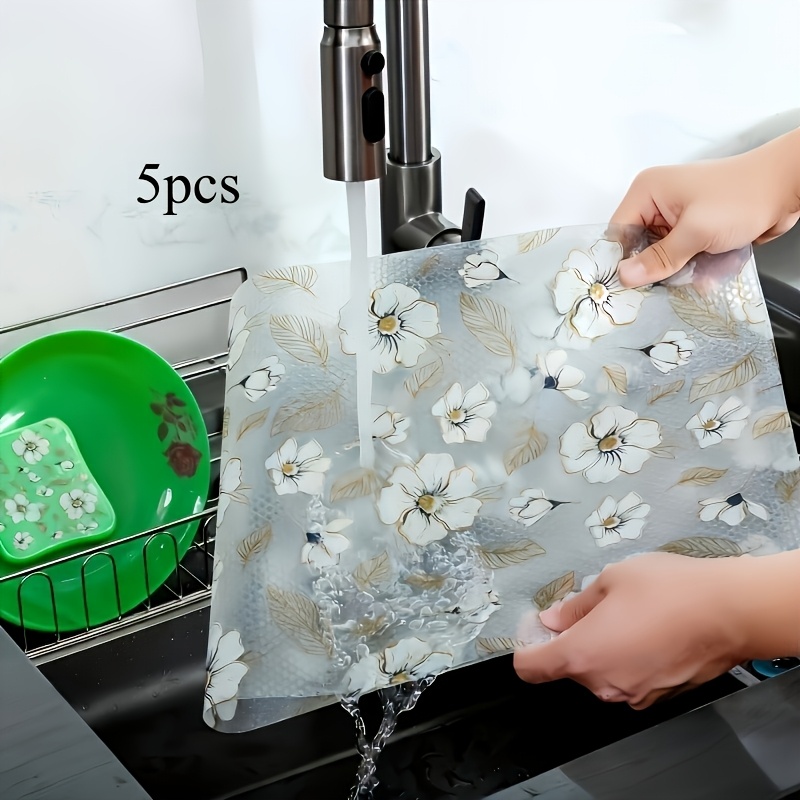 TEMU Tappetino per Frigorifero con Fiori di Melo 5pcs, per Rivestimento Frigo, Copri Ripiano in EVA Impermeabile e Antiscivolo con Motivo Fiori di