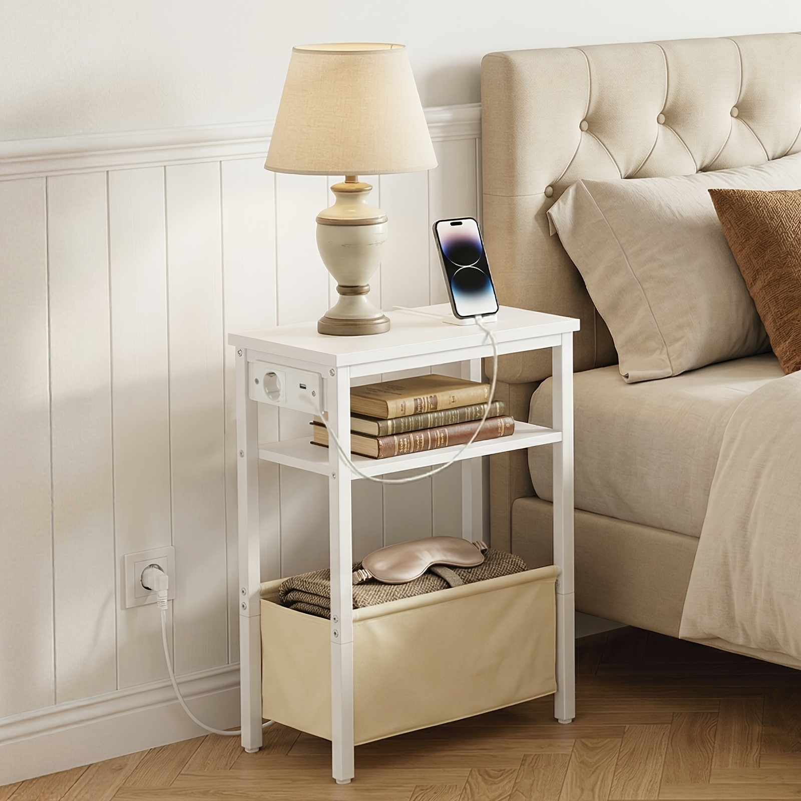 Dining Table With Charging Station, Bedside Table With Storage Space, Sofa With Outlets And Usb Ports, Suitable For Small Rooms, Bedrooms, Living Rooms, White
