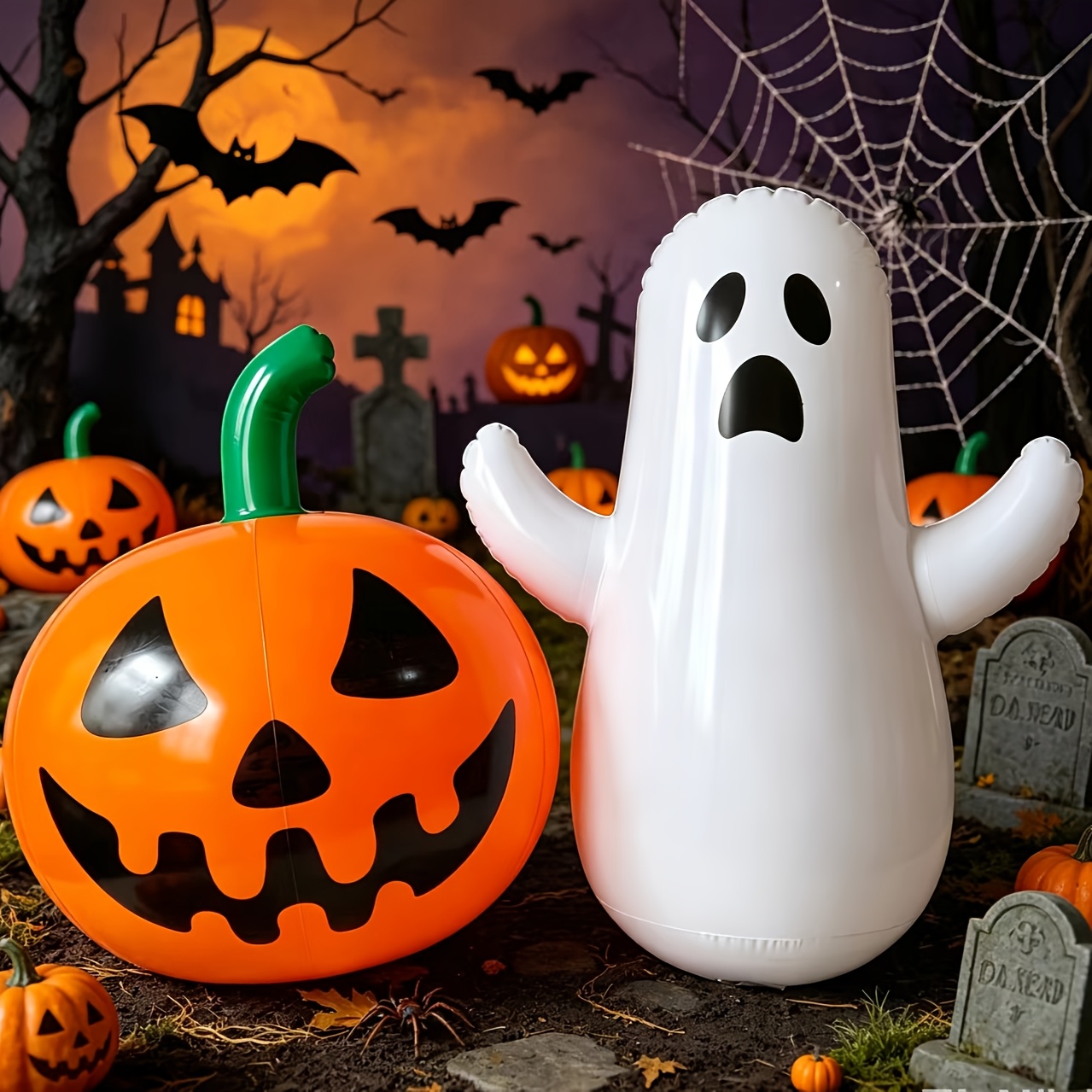 TEMU 2pcs For Halloween Inflatable Yard Decorations, Pvc Inflatable Pumpkin And Set, Outdoor Lawn Garden Party Holiday Decor For Halloween Themed
