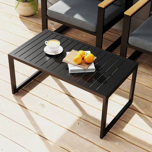 heavy duty outdoor coffee table with slatted tabletop all weather patio garden balcony furniture sturdy metal legs aluminum like top easy assembly modern black for indoor outdoor use patio furniture contemporary design weatherresistant construction